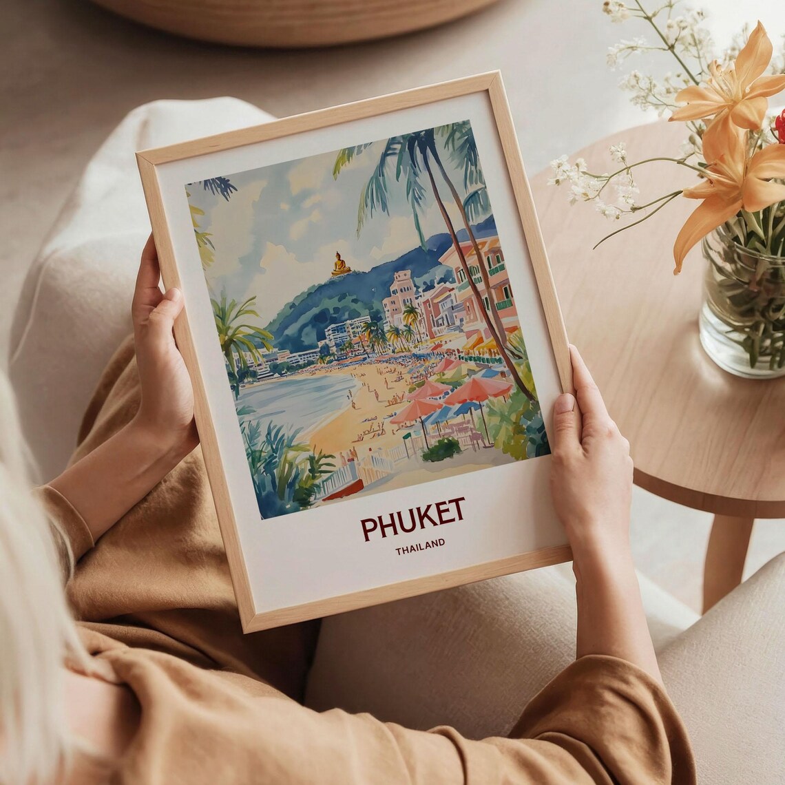 Phuket Thailand Beach Big Buddha Palm Watercolor Travel Poster - Image 5