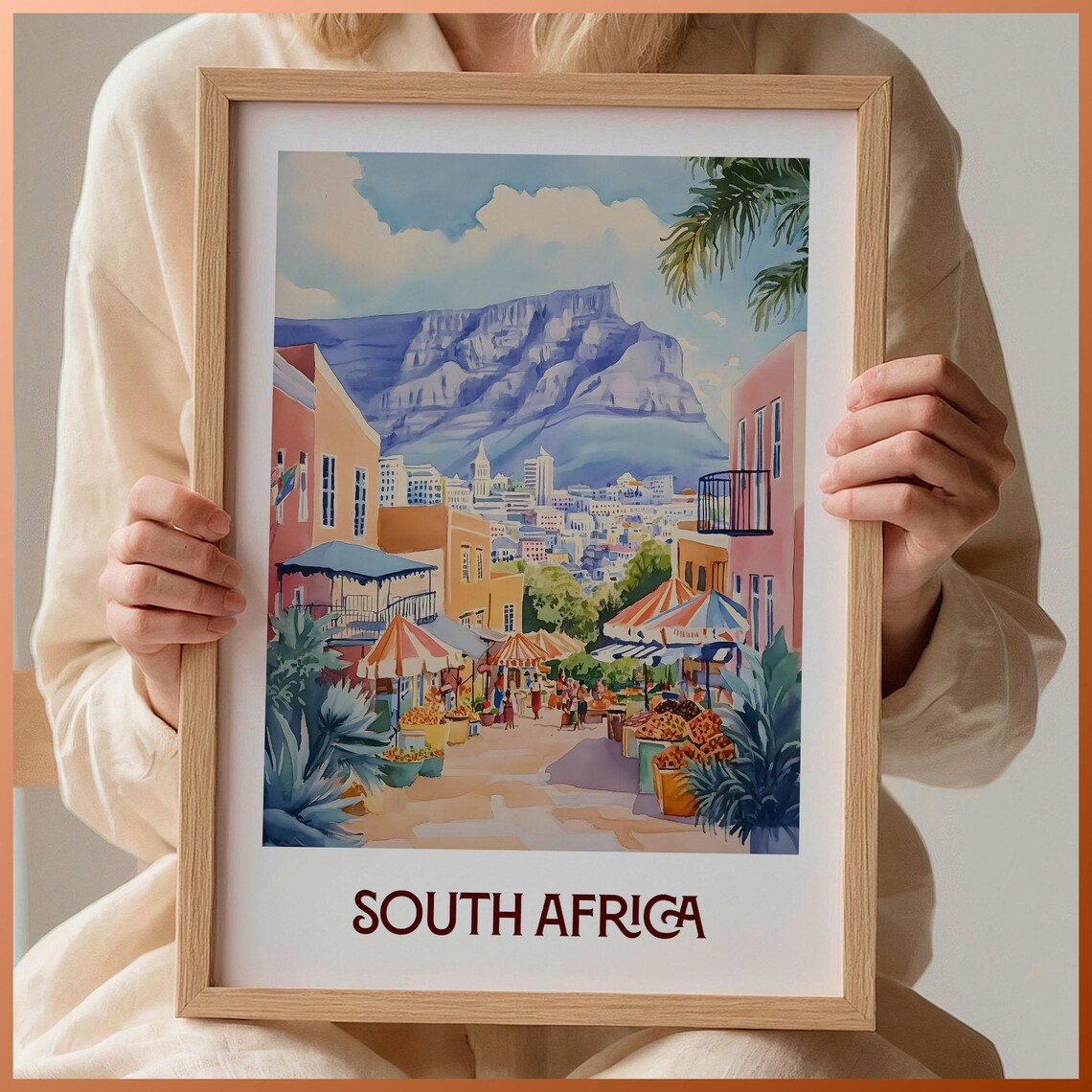 South Africa Table Mountain Watercolor Cape Town Scene Poster