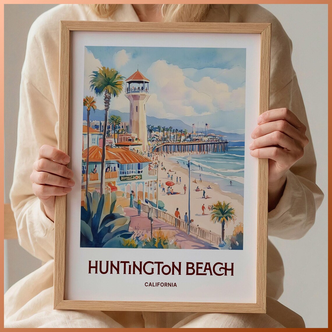 Huntington Beach California Watercolor Pier Surf Town Travel Poster