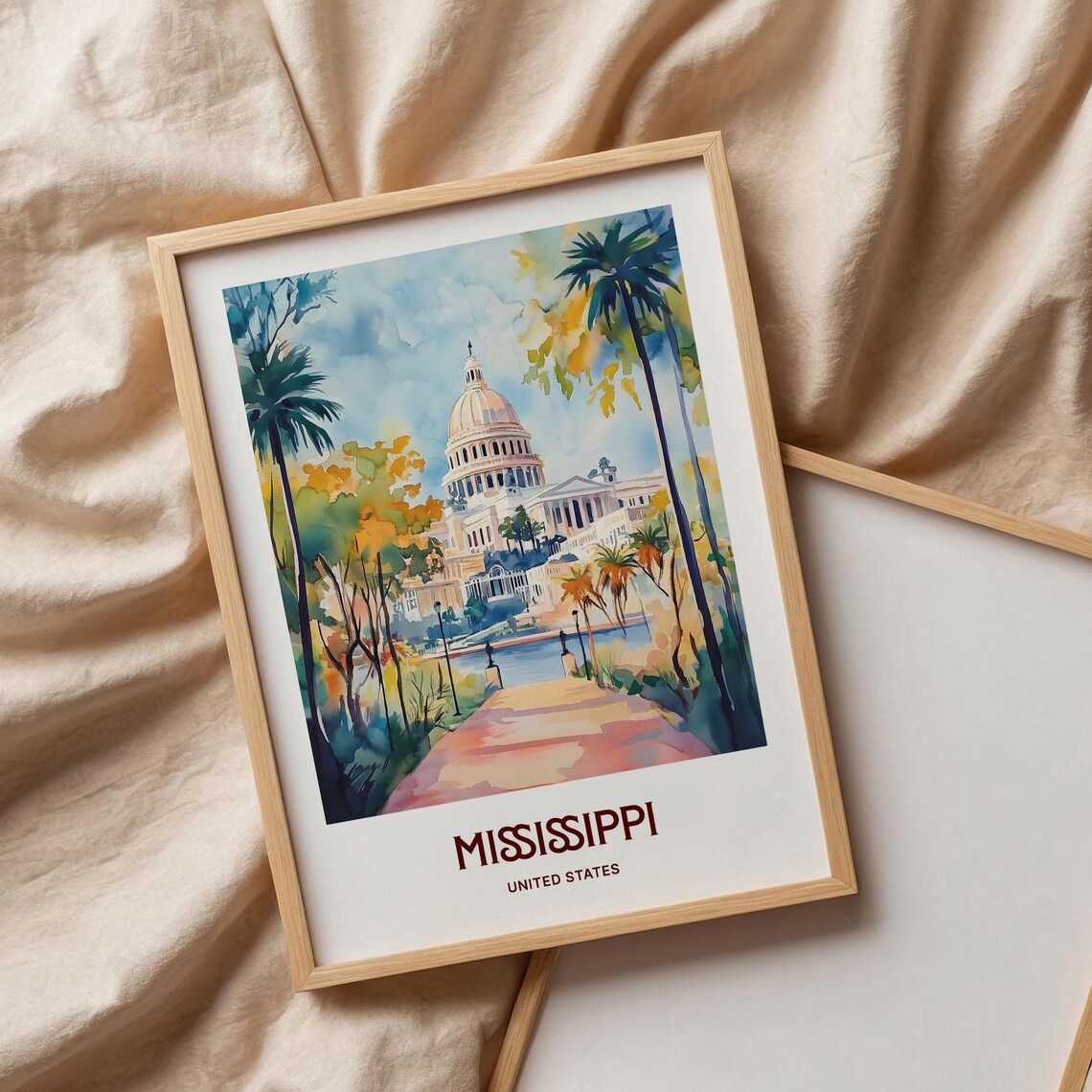 Mississippi State Capitol Dome Palm Trees Watercolor Travel Poster - Image 3