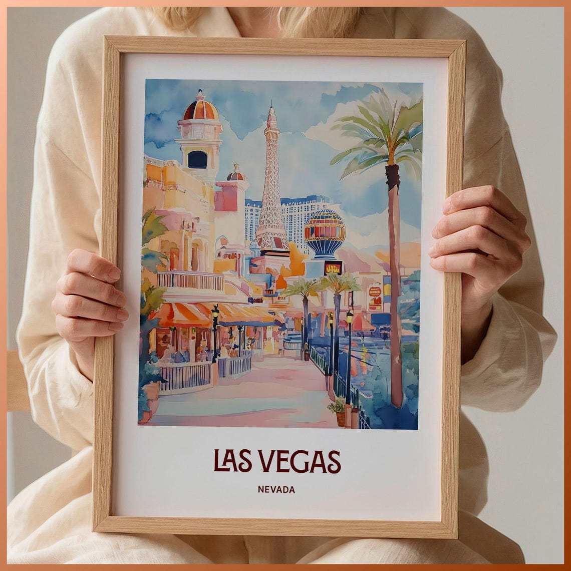Las Vegas Nevada Eiffel Tower Replica Strip Watercolor Travel Poster