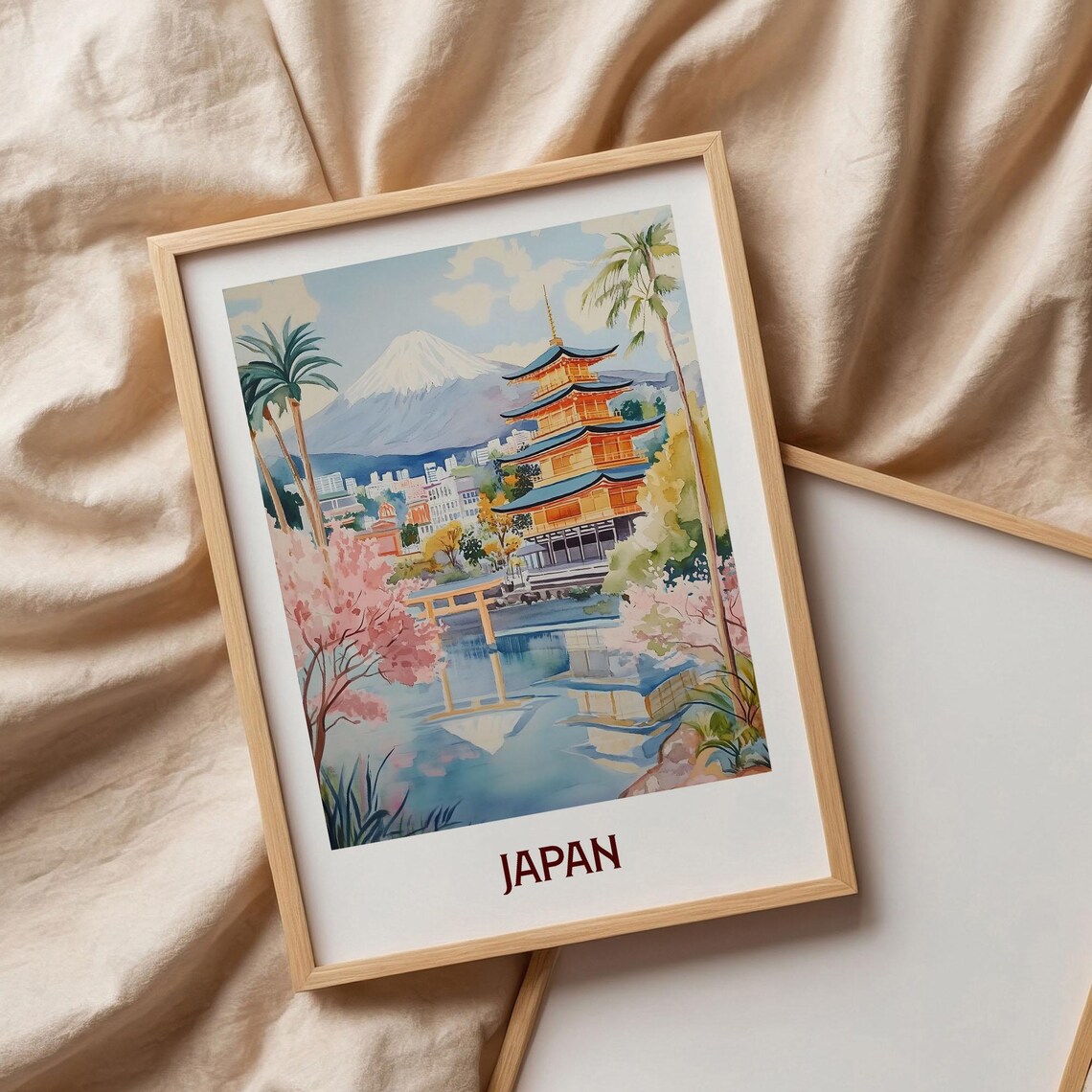 Japan Watercolor Mount Fuji Golden Pagoda Cherry Blossom Poster - Image 3