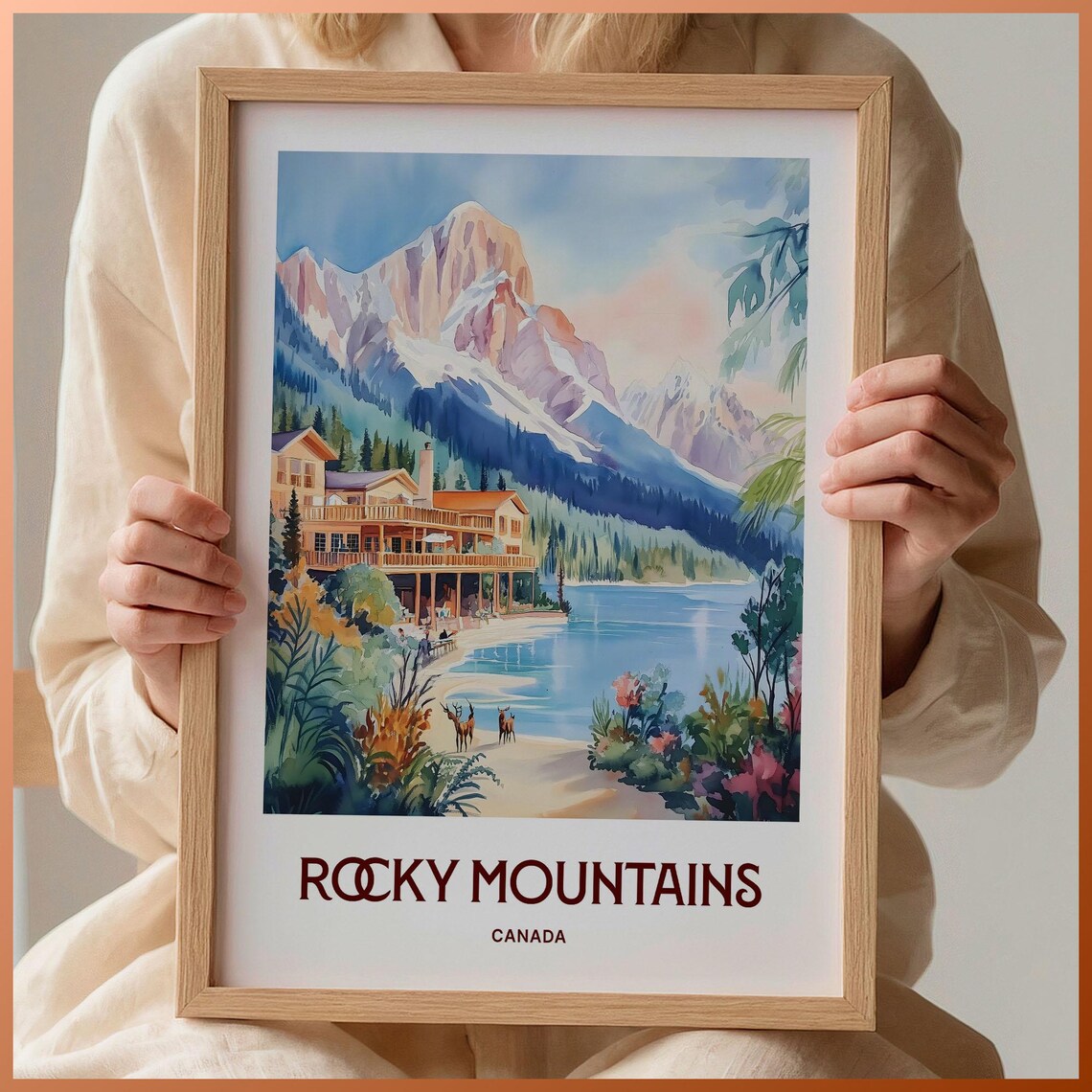 Canadian Rockies Lakeside Lodge Deer Watercolor Travel Poster Peaks