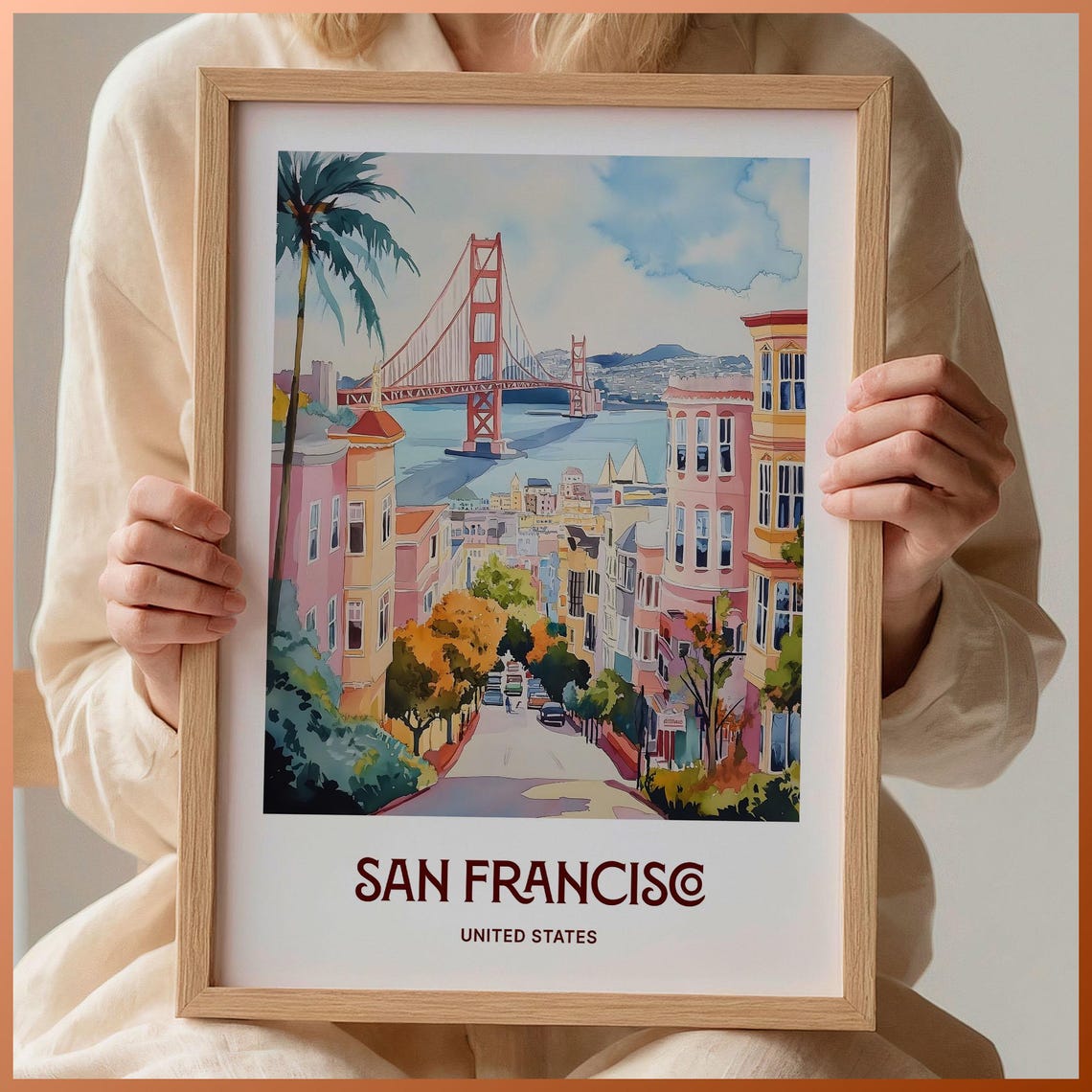 San Francisco Golden Gate Bridge Watercolor Poster Hills Street