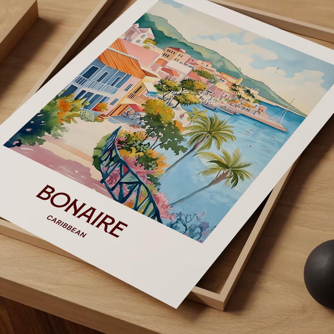 Bonaire Caribbean Waterfront Town Palms Sailboats Watercolor Poster - Image 2