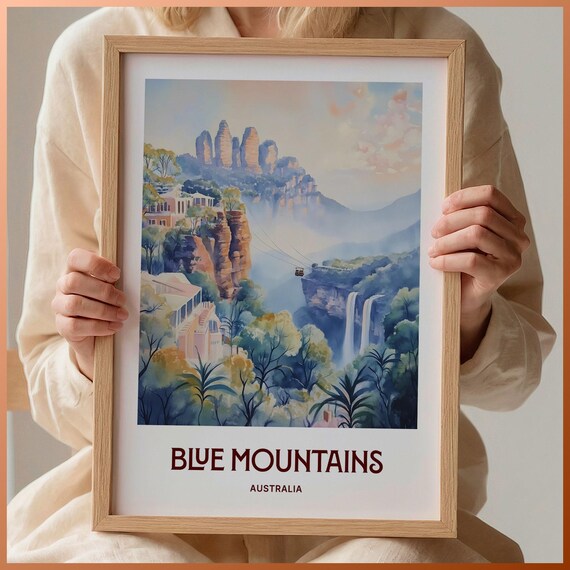 Blue Mountains Australia Cable Car Gorge Valley Pastel Art Poster