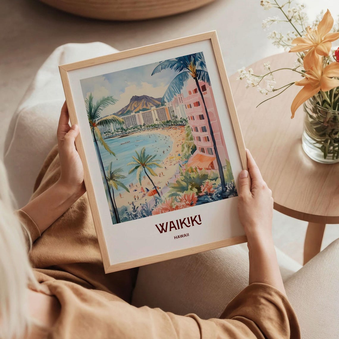 Waikiki Hawaii Beach Diamond Head Surf Watercolor Travel Poster - Image 5