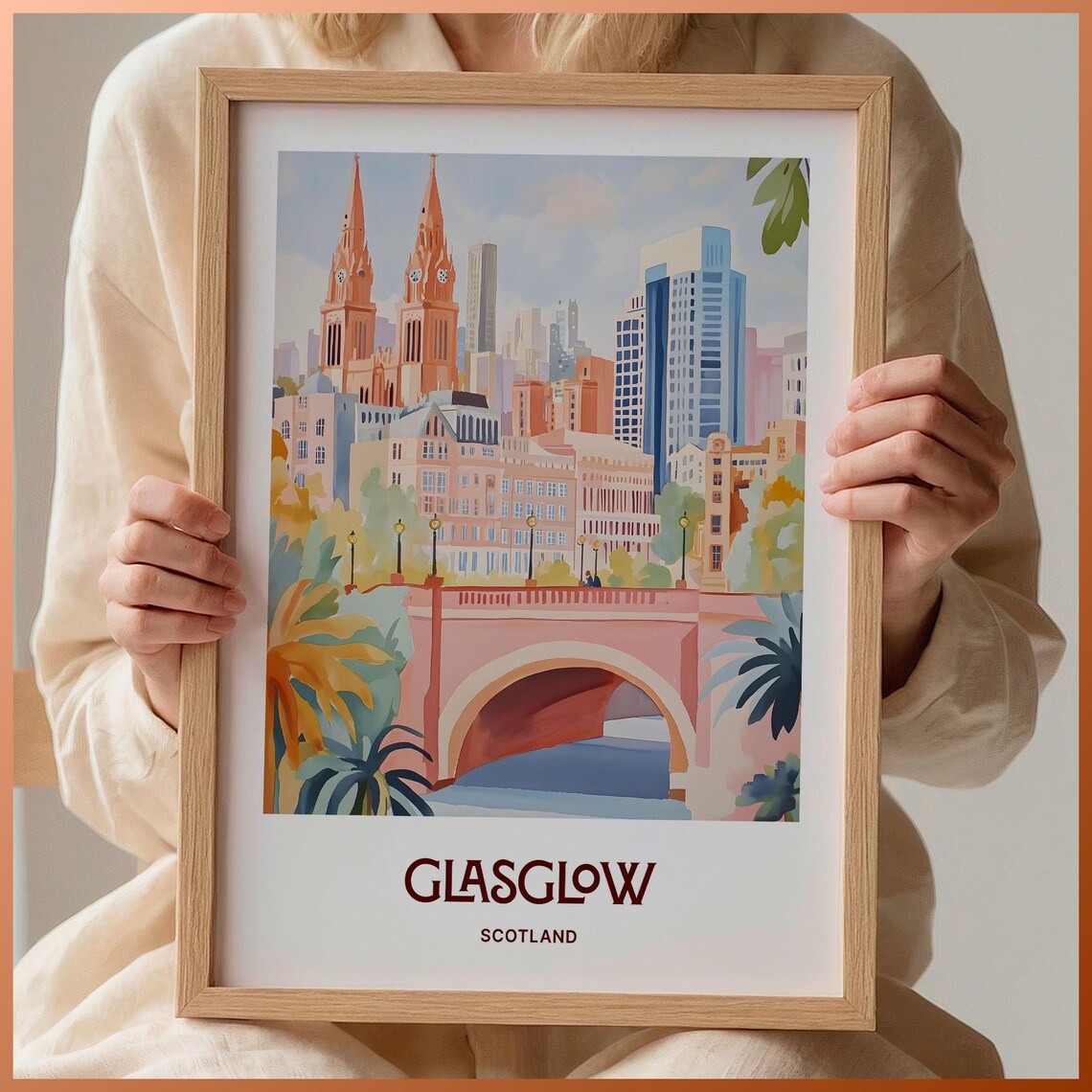 Glasgow Scotland Pastel River Bridge Cityscape Watercolor Poster