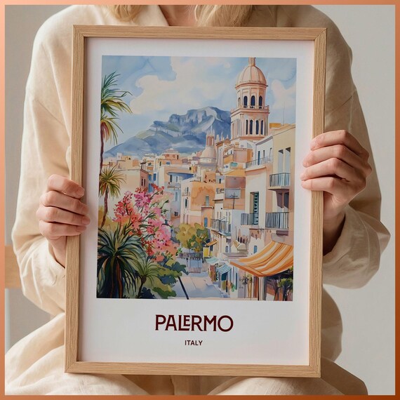 Palermo Italy Domed Street Palms Mountain Watercolor Travel Poster
