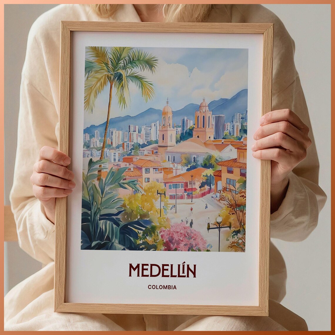 Medellin Colombia Watercolor City Mountains Plaza Travel Poster