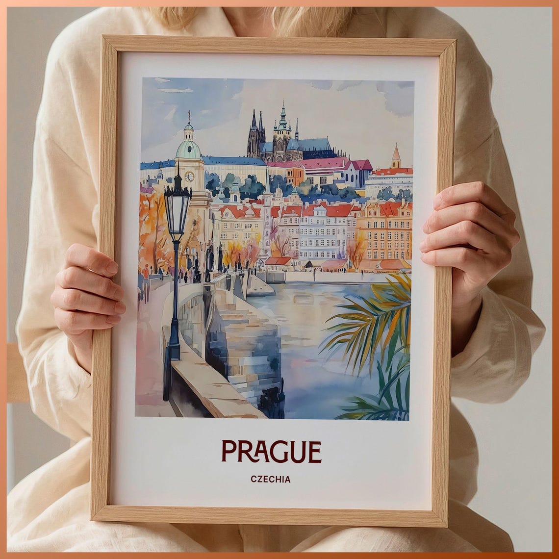 Prague Czechia Pastel Castle Bridge Riverside Cityscape Poster