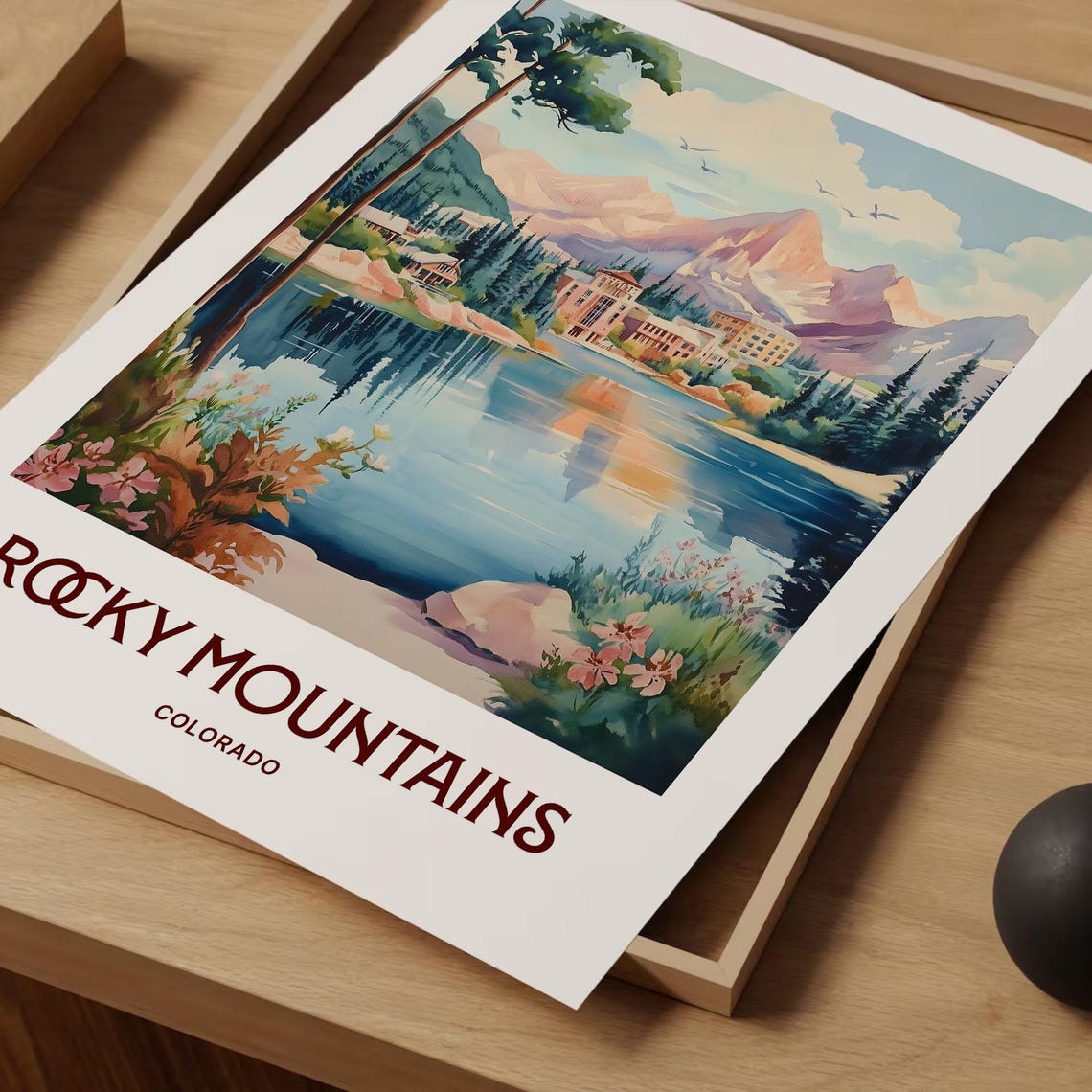 Rocky Mountains Colorado Lake Reflection Watercolor Peak Poster - Image 2
