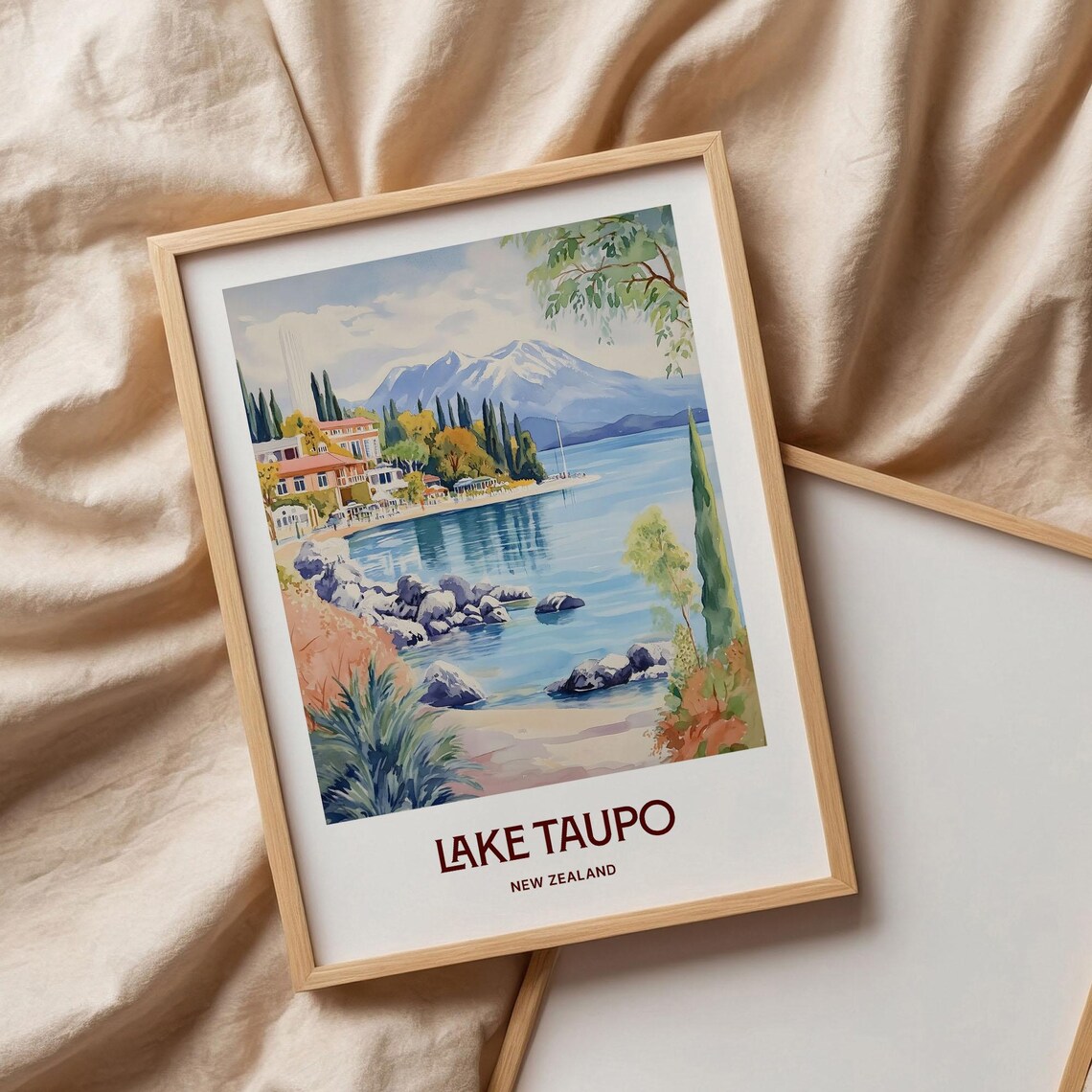 Lake Taupo New Zealand Cypress Lake Watercolor Serene Travel Poster Art - Image 3