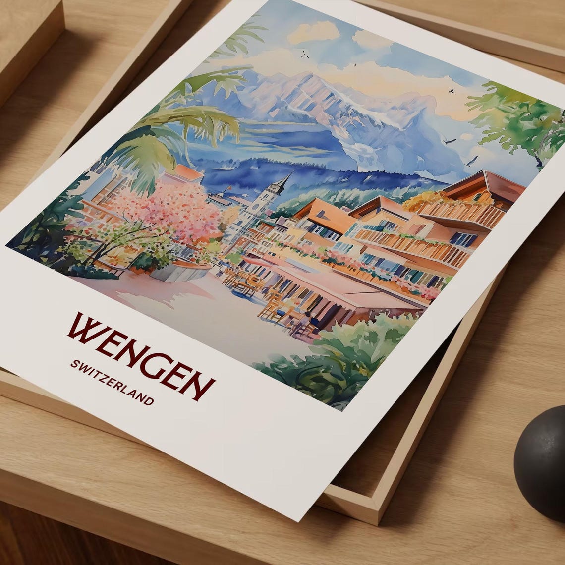 Wengen Switzerland Alpine Village Street Watercolor Poster Peak - Image 2