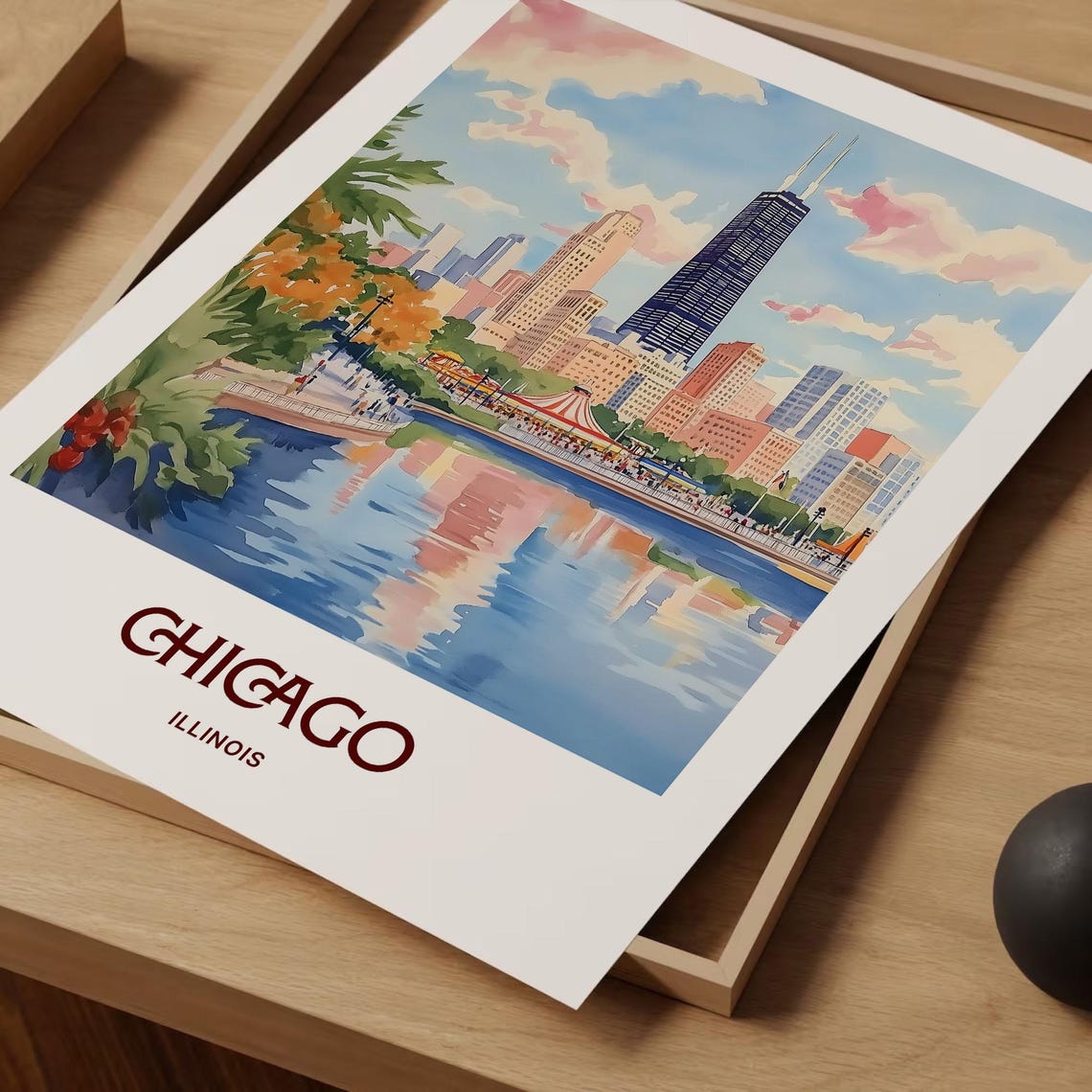 Chicago Skyline Hancock Tower Lakefront Watercolor Travel Poster - Image 2