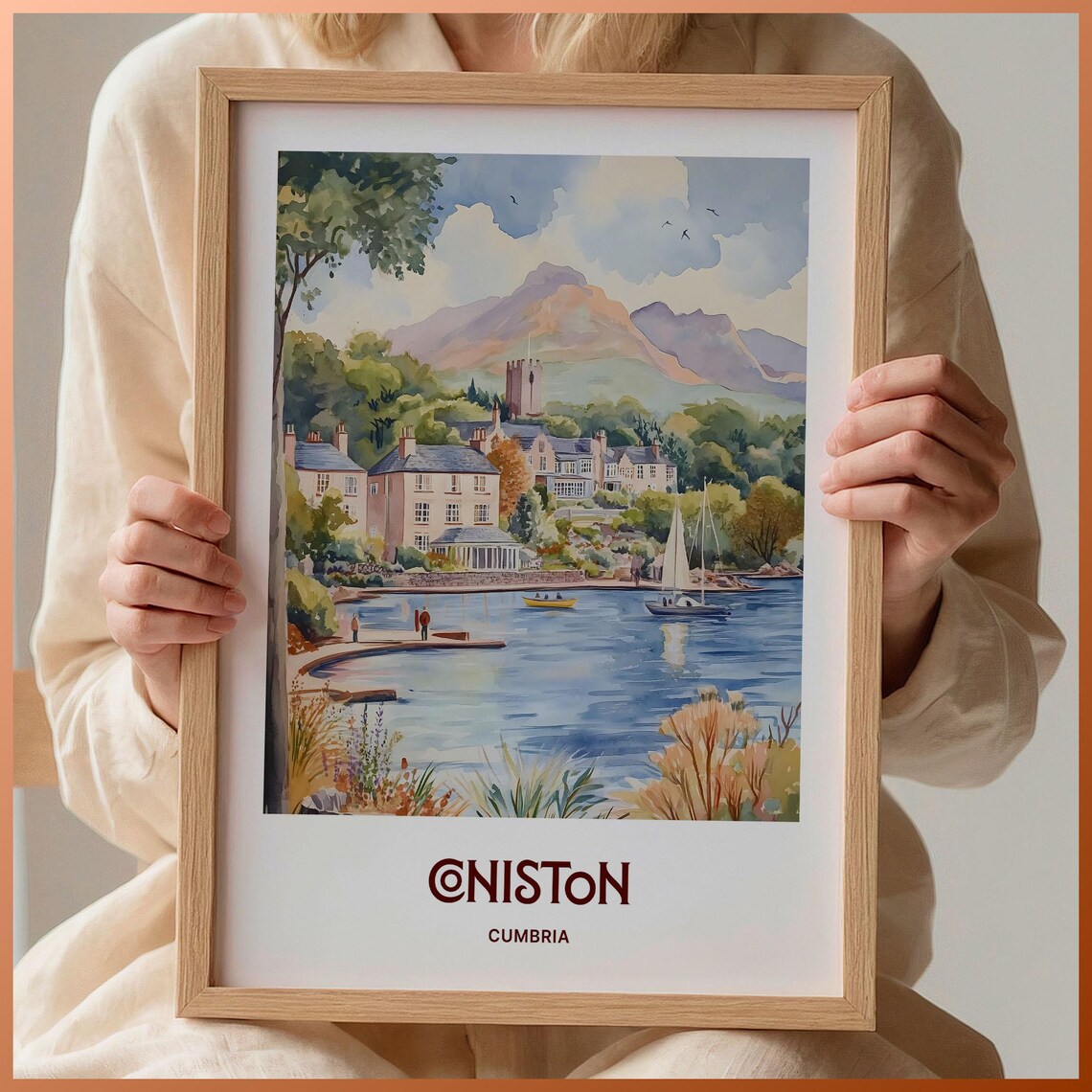 Coniston Cumbria Lake District Sailboat Watercolor Travel Poster Fells