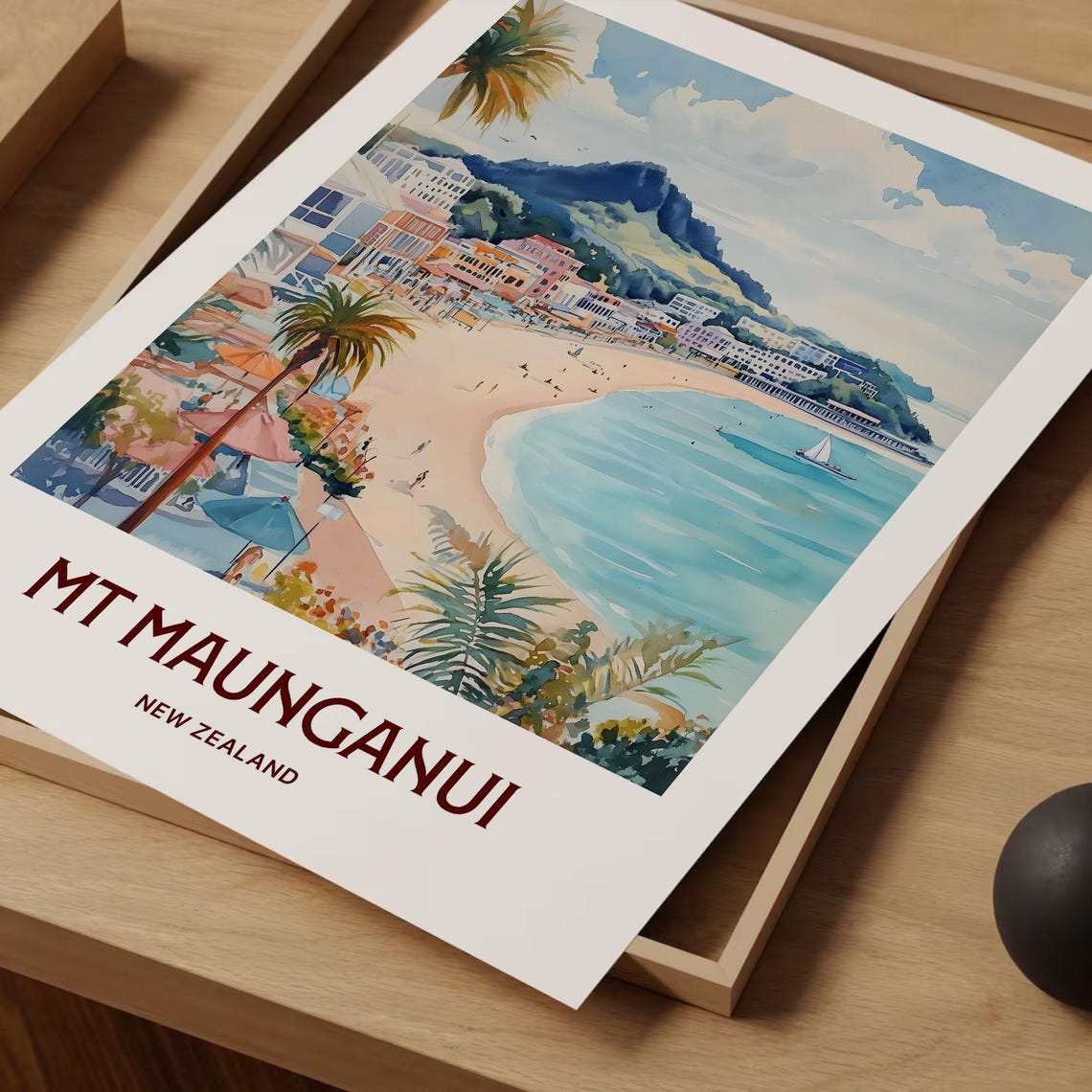Mount Maunganui New Zealand Beachfront Palms Watercolor Travel Poster - Image 2