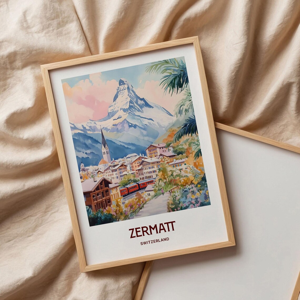 Zermatt Switzerland Watercolor Matterhorn Train Village Poster - Image 3