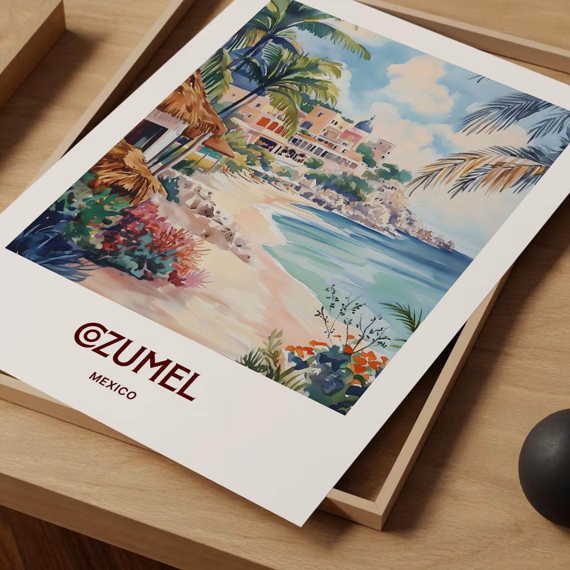 Cozumel Mexico Pastel Palm Beach Resort Coastline Travel Poster - Image 2