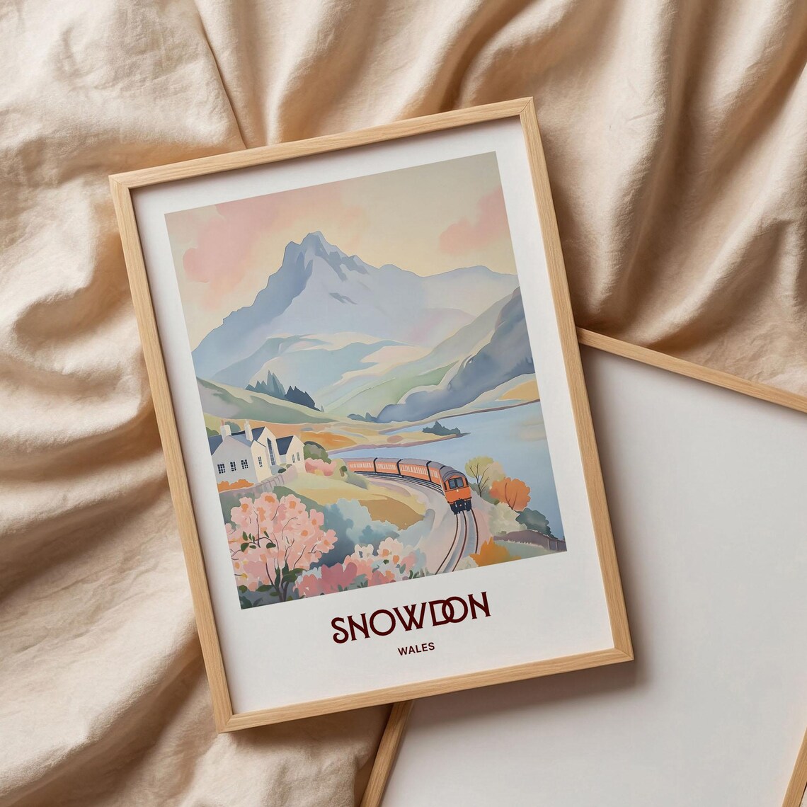 Snowdon Wales Pastel Mountain Railway Lake Scene Watercolor Poster - Image 3