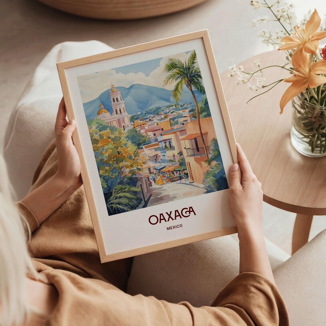 Oaxaca Mexico Cathedral Mountain Street Market Watercolor Travel Poster - Image 5