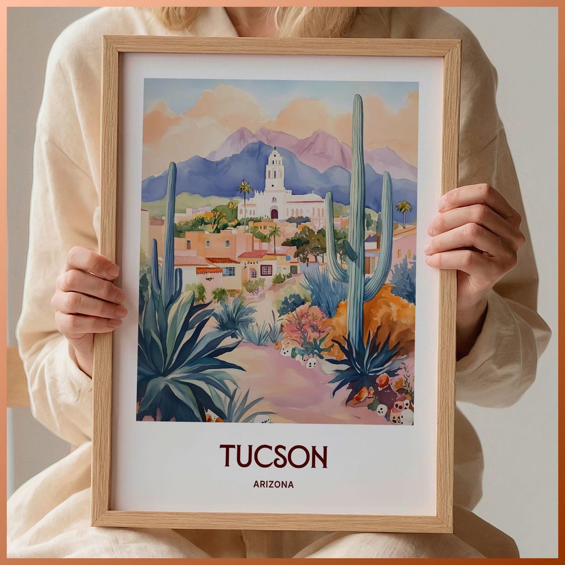 Tucson Desert Saguaro Mission Watercolor Arizona Travel Poster