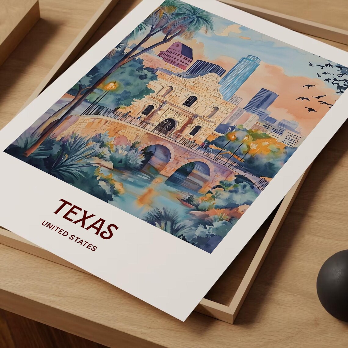 Texas Alamo Mission Bridge Downtown Skyline Watercolor Travel Poster - Image 2