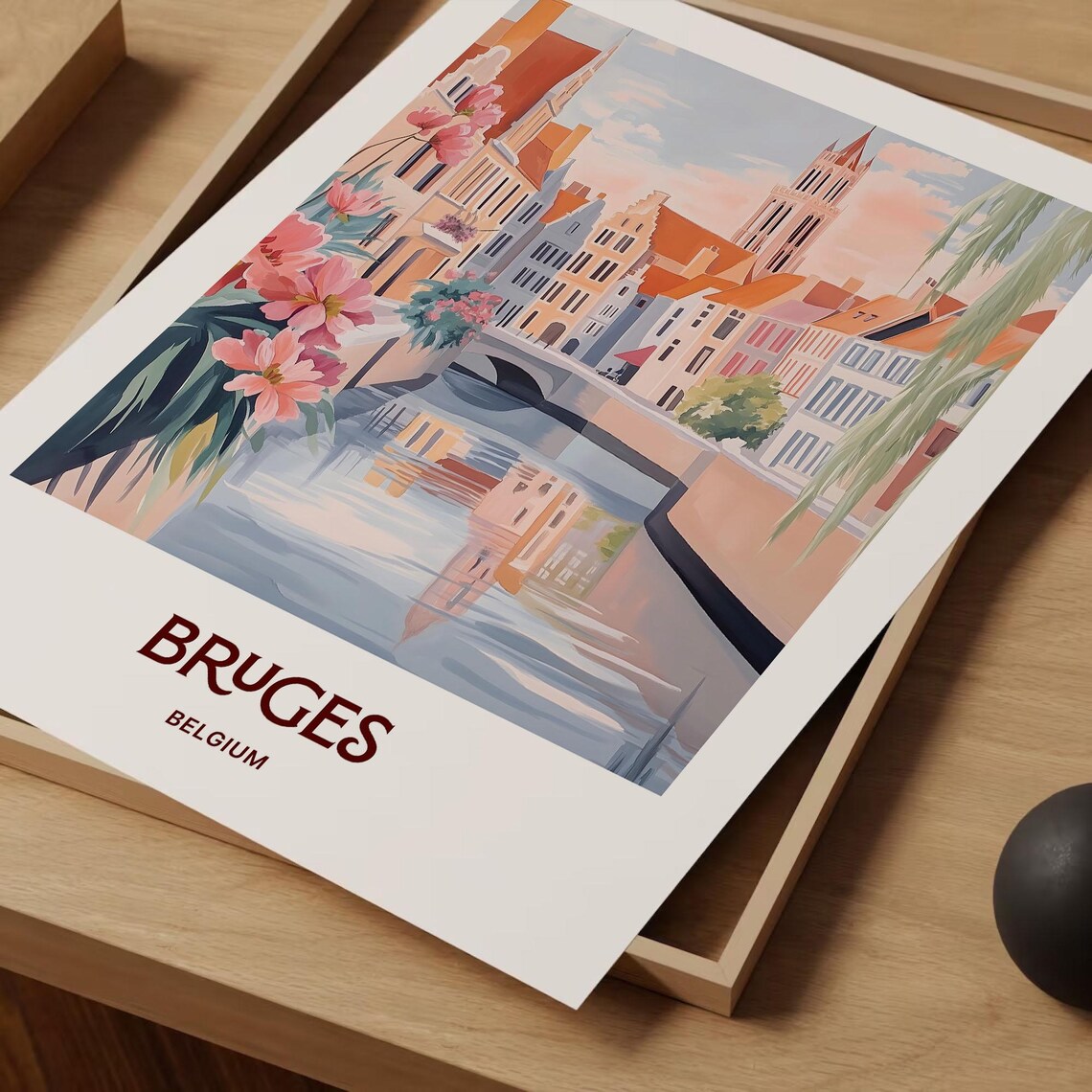 Bruges Belgium Pastel Canal Floral Cityscape Watercolor Poster - Image 2