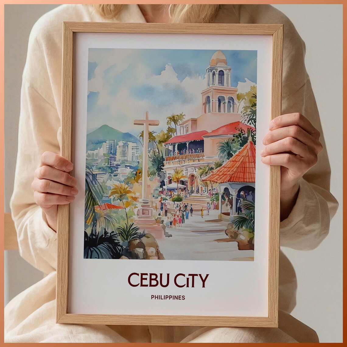 Cebu City Philippines Historic Plaza Watercolor Travel Poster