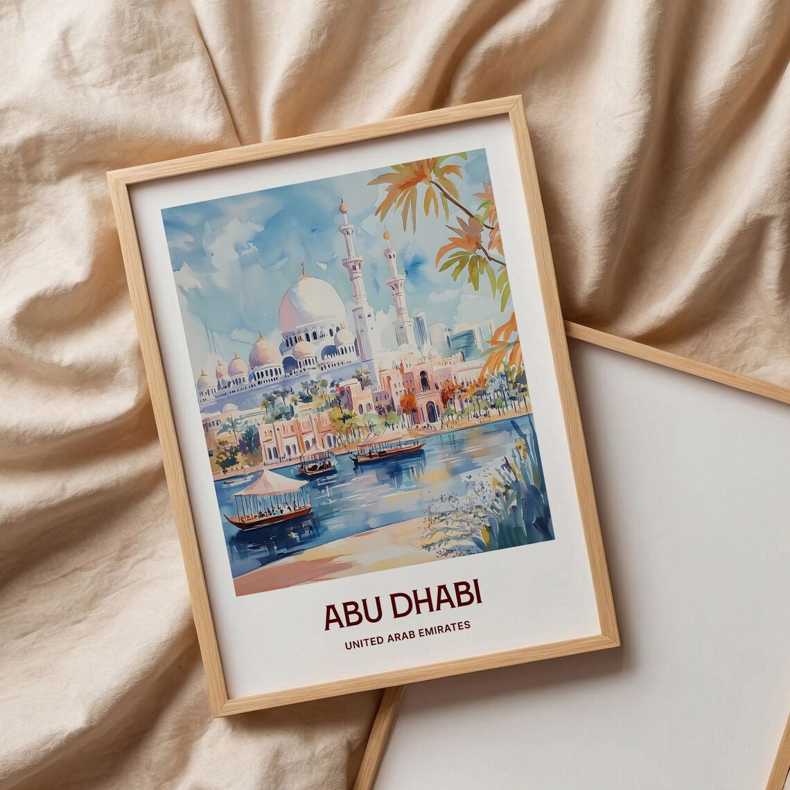 Abu Dhabi Grand Mosque Waterfront Watercolor Travel Poster UAE