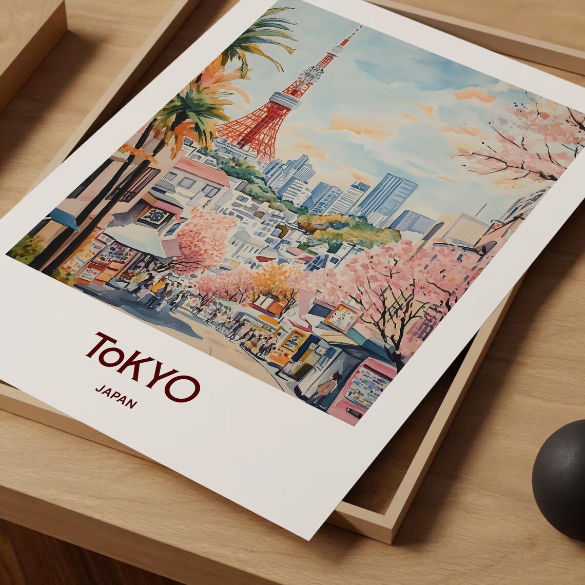Tokyo Japan Tower Cherry Blossom Street Watercolor Travel Poster - Image 2