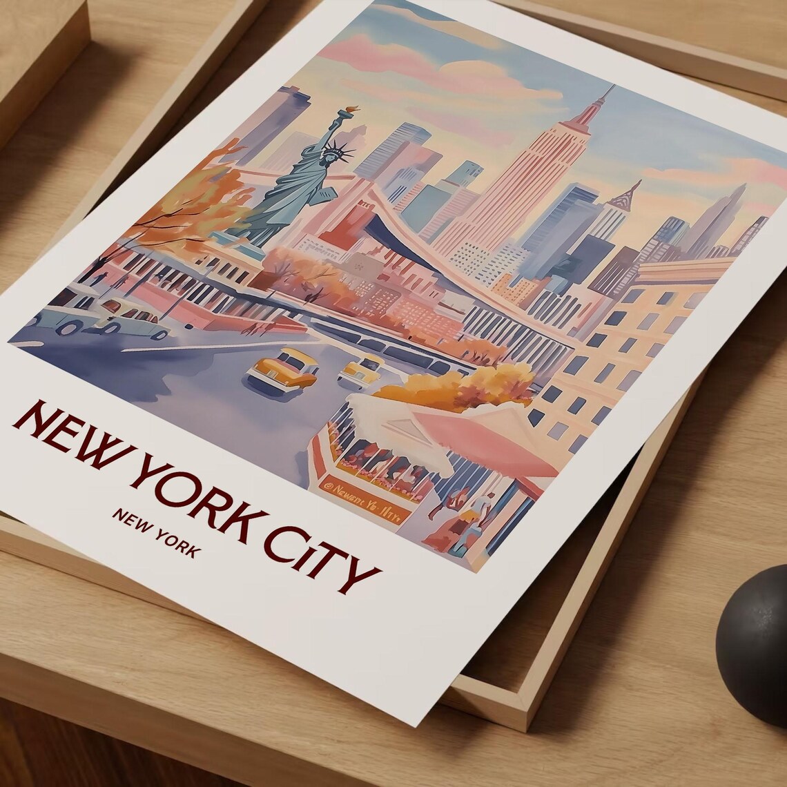 New York City Skyline Statue Of Liberty Watercolor Travel Poster - Image 2