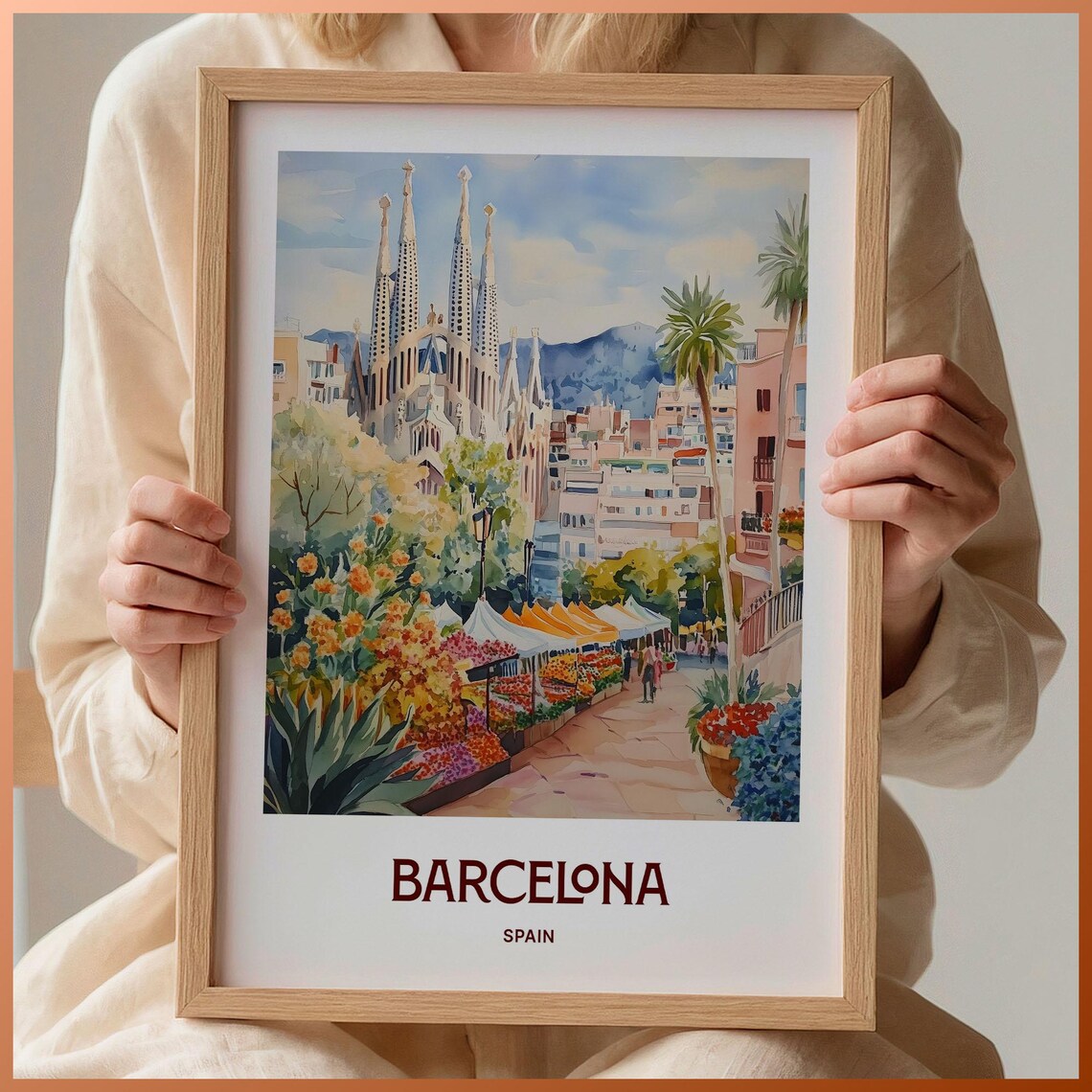 Barcelona Spain Sagrada Familia Pastel Watercolor Travel Poster