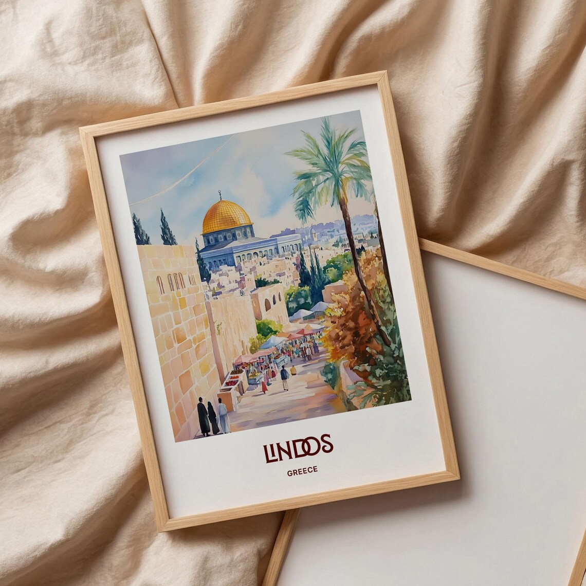 Lindos Greece Golden Dome Old Town Market Street Watercolor Poster - Image 3