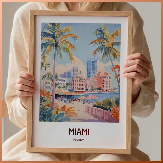 Miami Florida Beach Palm Trees Skyline Watercolor Travel Poster