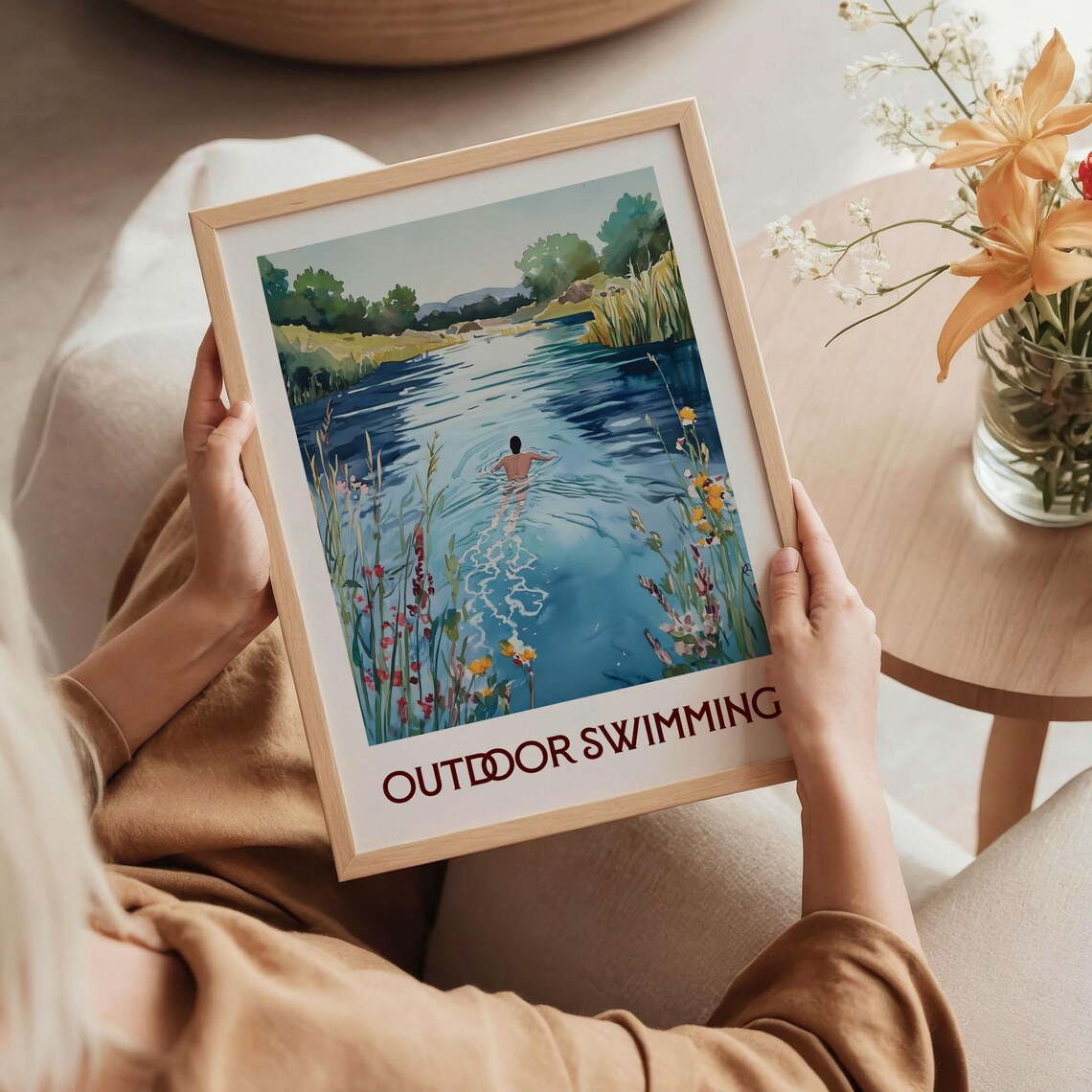 Outdoor Swimming Wildflower Blue River Scene Watercolor Poster - Image 5