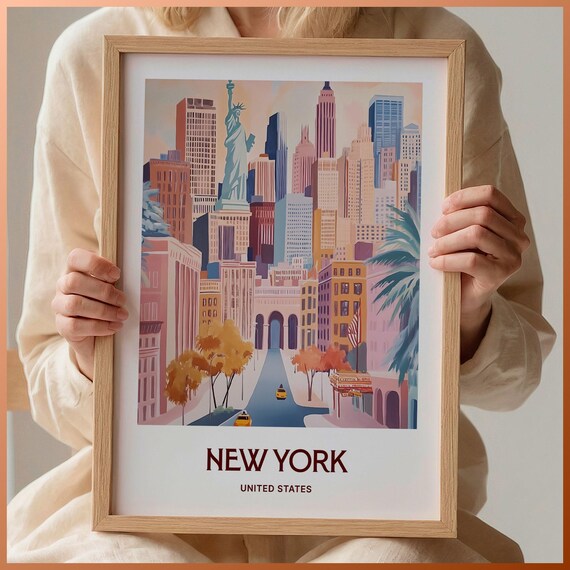 New York Skyline Statue Of Liberty Yellow Cabs Watercolor Travel Poster