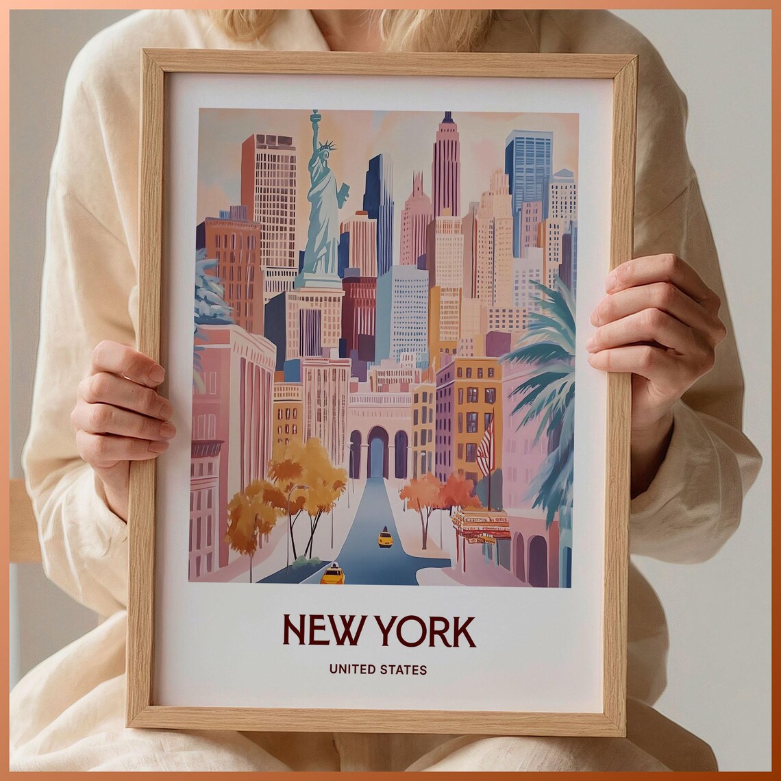 New York Skyline Statue Of Liberty Yellow Cabs Watercolor Travel Poster