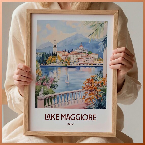 Lake Maggiore Italy Lakeside Town Sailboat Watercolor Travel Poster