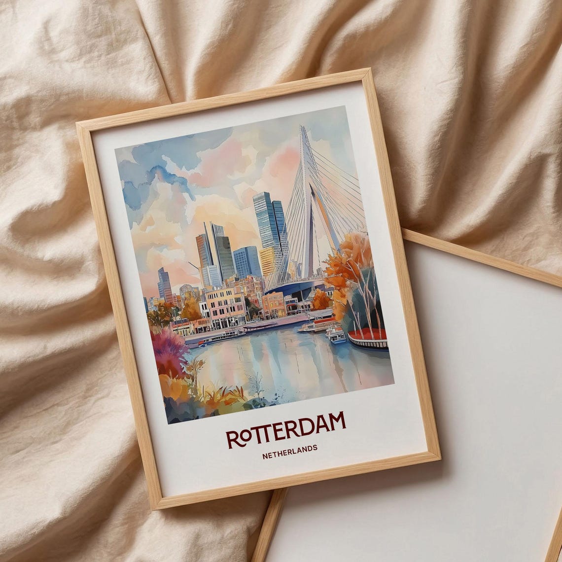 Rotterdam Netherlands Erasmus Bridge Skyline Watercolor Travel Poster - Image 3