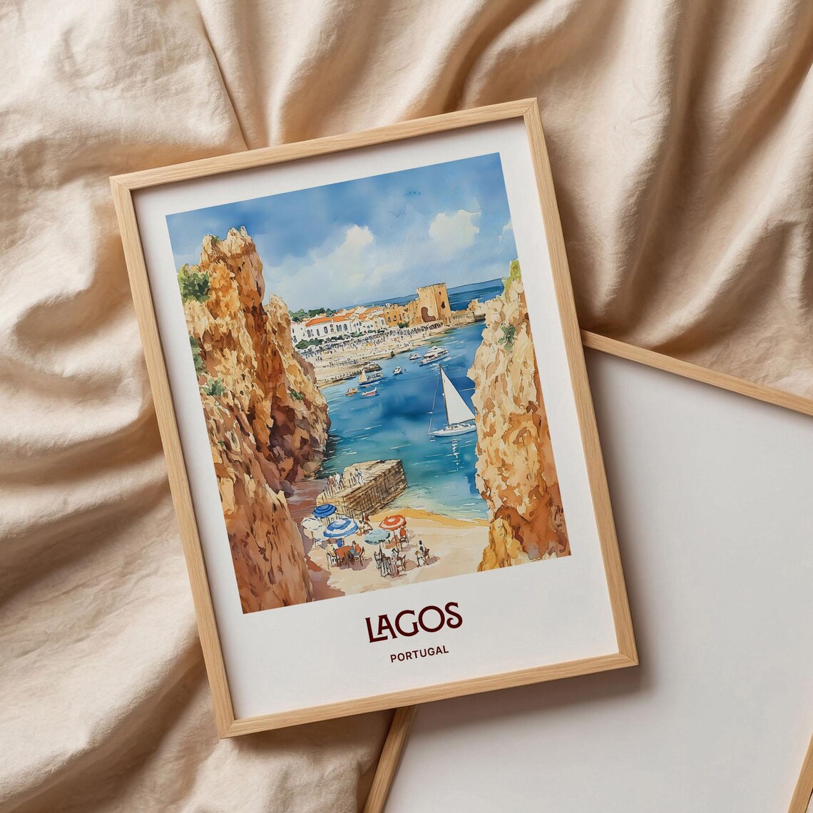 Lagos Portugal Golden Cliffs Sea Arch Boats Watercolor Travel Poster - Image 3