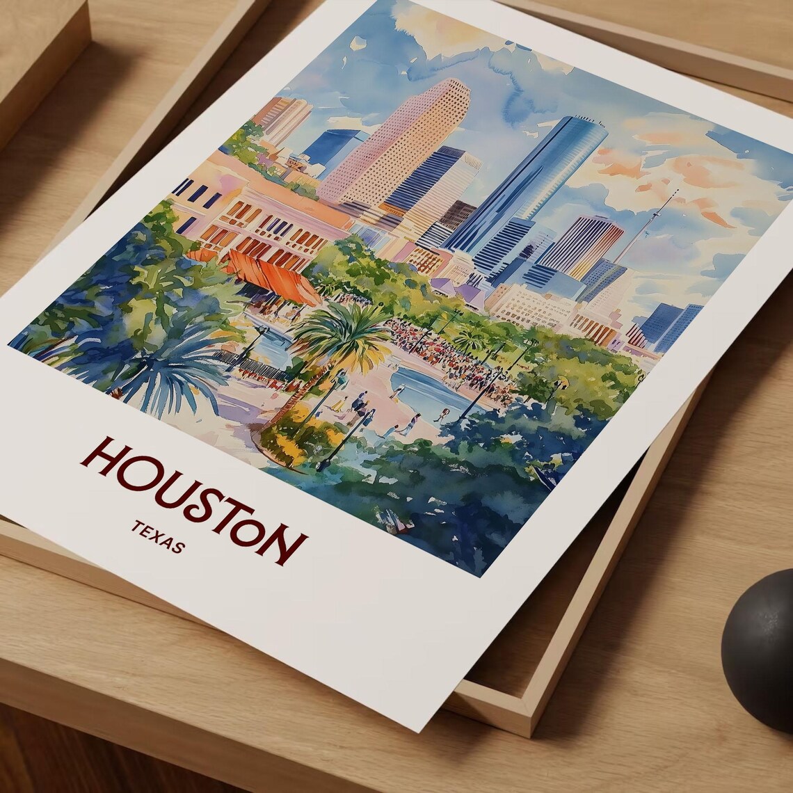 Houston Texas Watercolor Downtown Skyline Park Fountain City Art Poster - Image 2