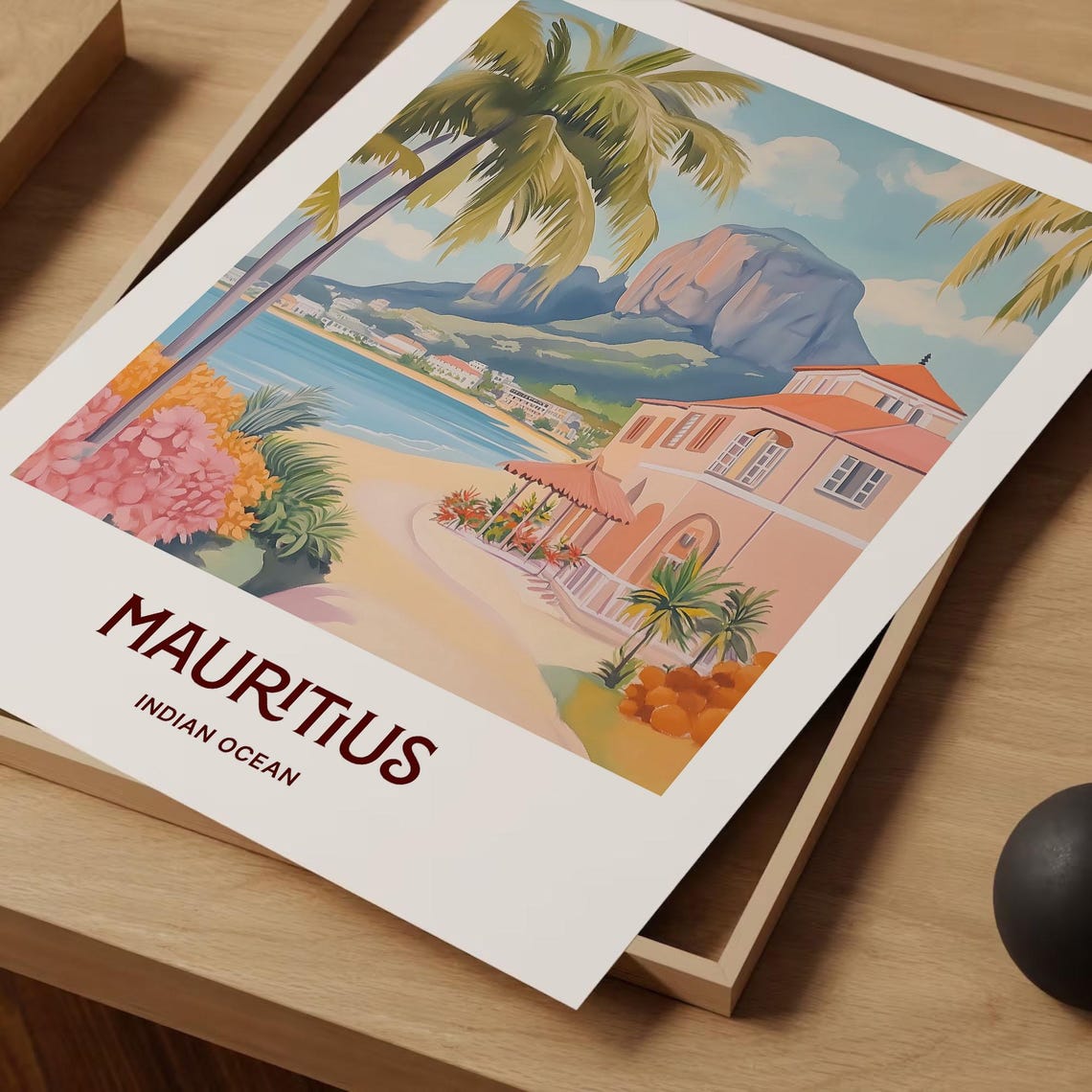 Mauritius Indian Ocean Palm Beach Villa Watercolor Travel Poster - Image 2