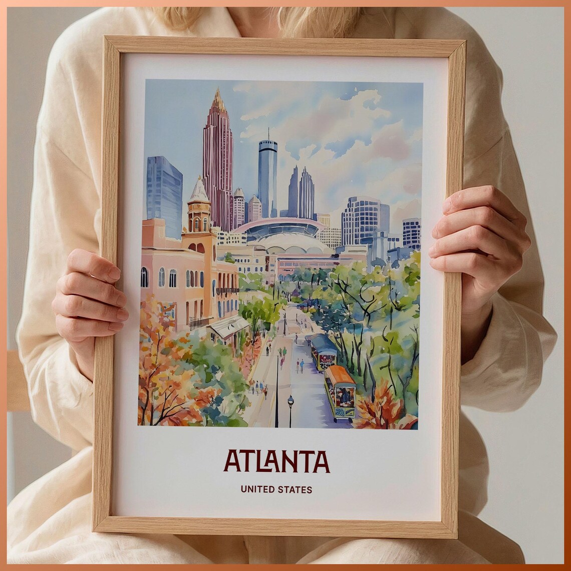 Atlanta Georgia Downtown Skyline Watercolor City Travel Poster