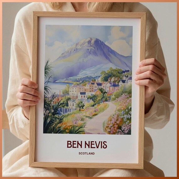 Ben Nevis Scotland Watercolor Mountain Loch Village Path Flower Art Poster