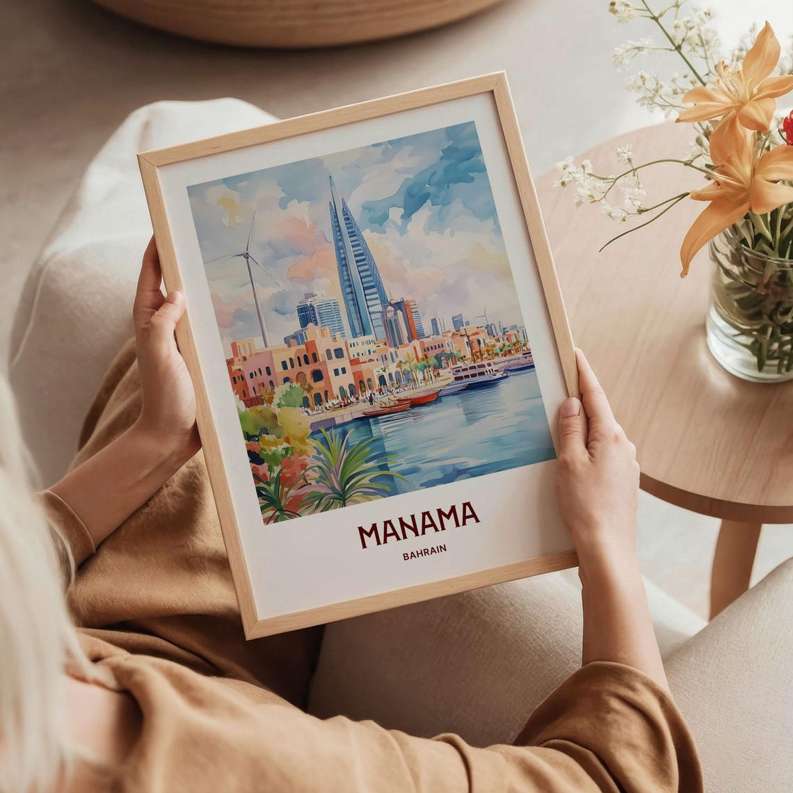 Manama Bahrain Skyline Harbor Towers Watercolor Travel Poster Gulf - Image 5