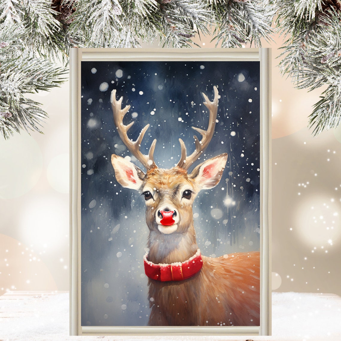Rudolph the Red-Nosed Reindeer Snowy Night Holiday Decor Poster