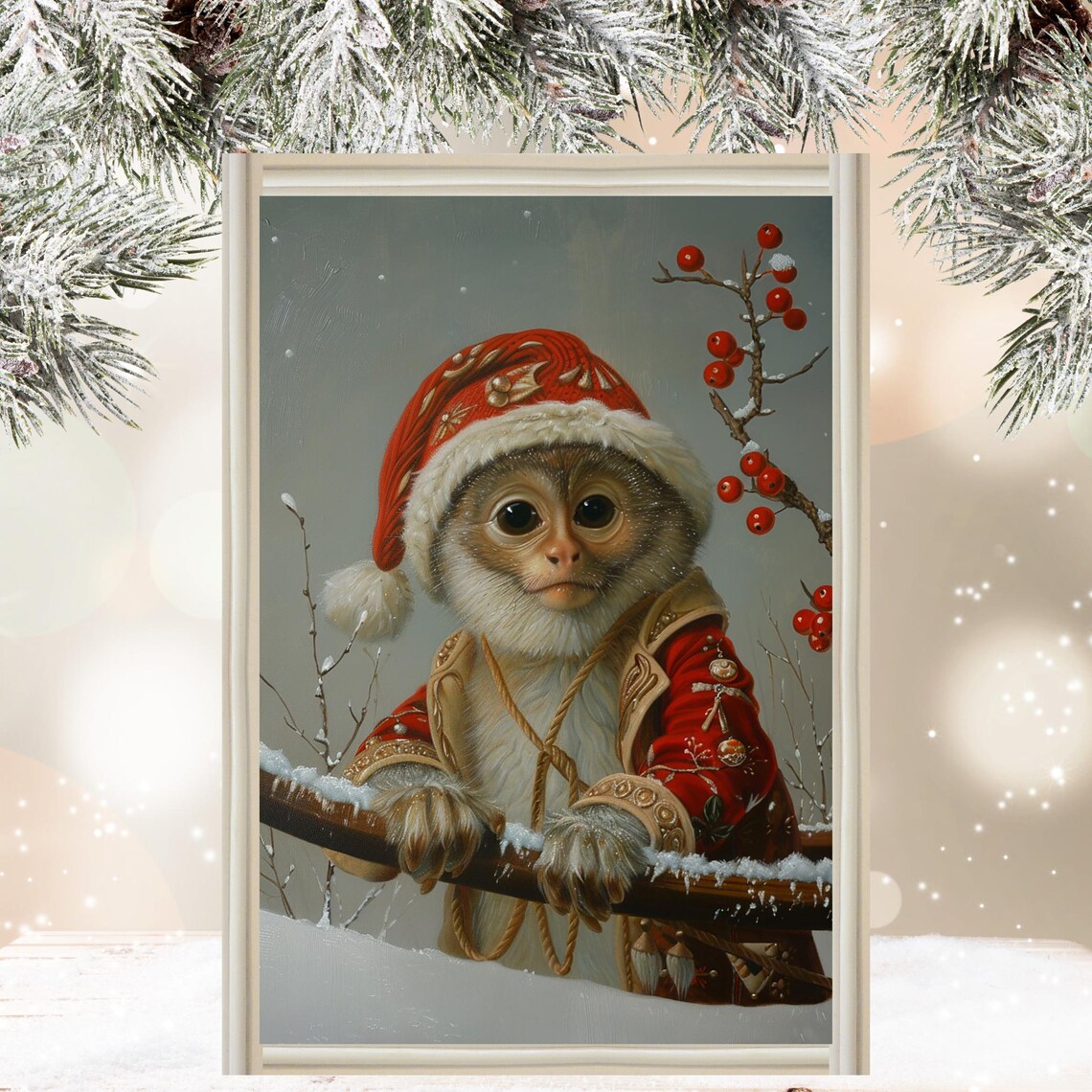 Christmas Monkey Holiday Wall Decor, Quirky Art Print