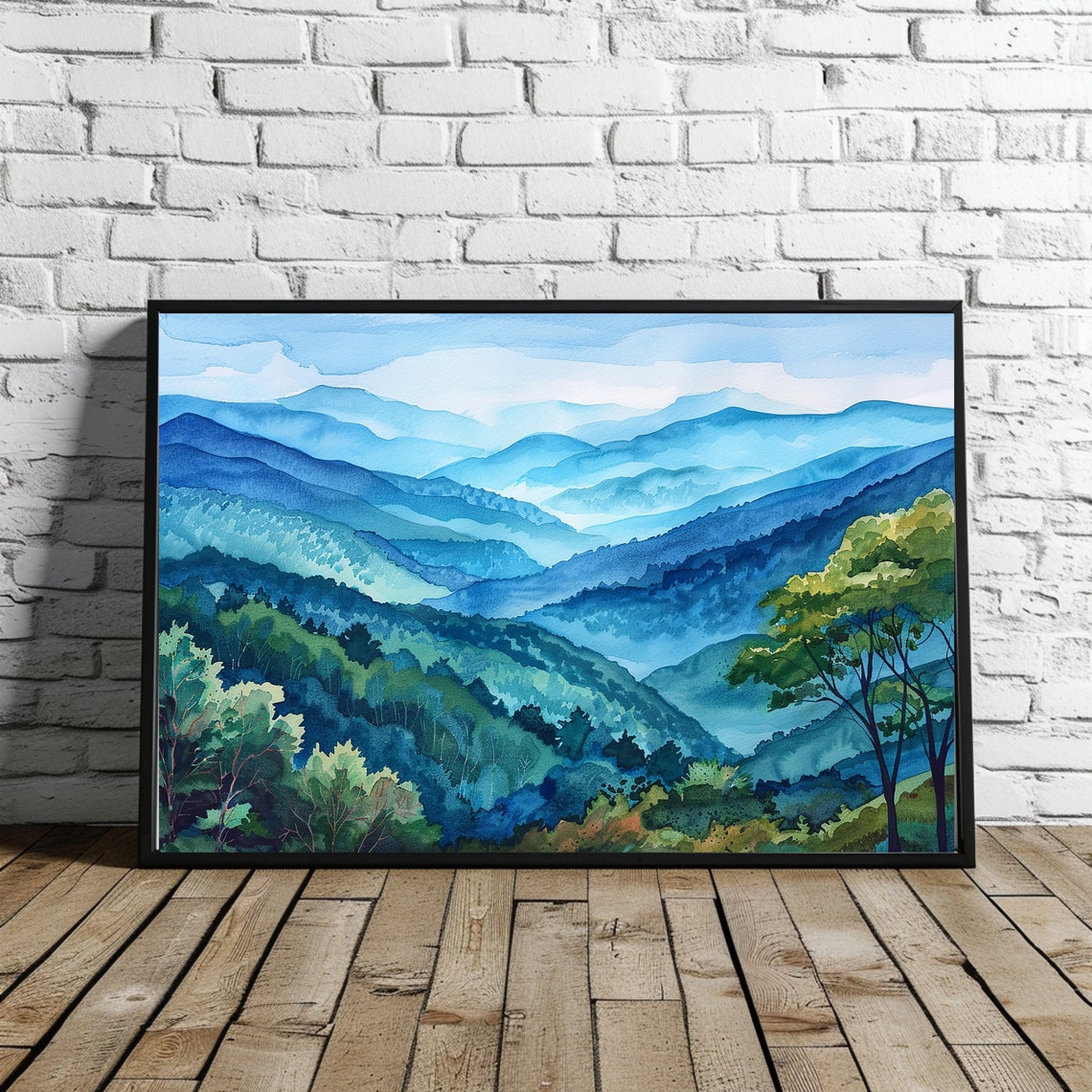 Serene Misty Blue Mountain Ridges in a Watercolor Landscape Poster