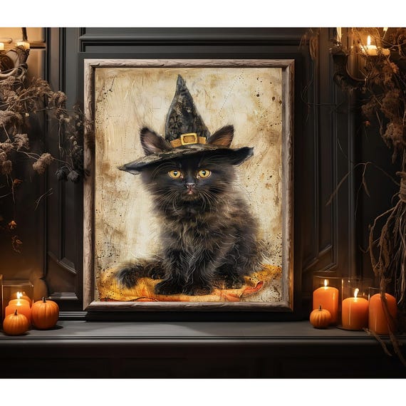 Halloween Kitten Art Print Black Cat Witch